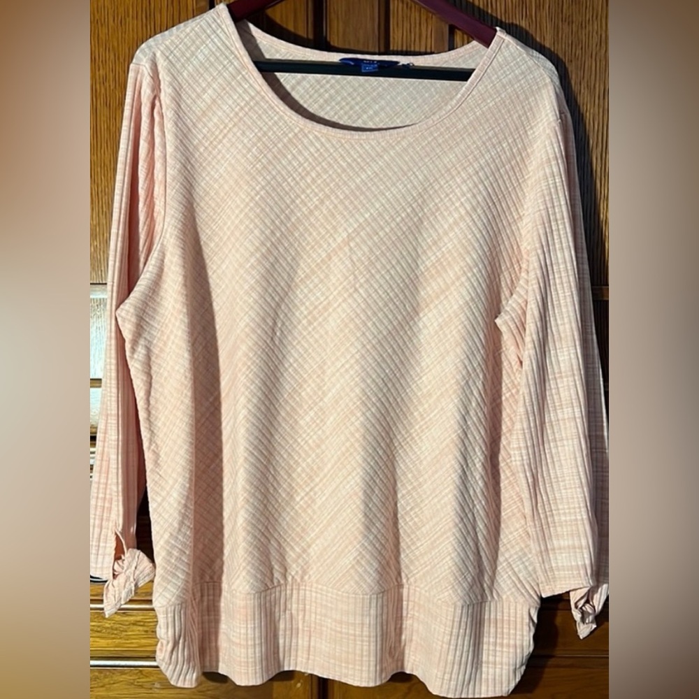 Apt9 Ribbed Round Neck 3/4 Sleeve Top Knot Wrist Diagonal Texture Stretch Casual